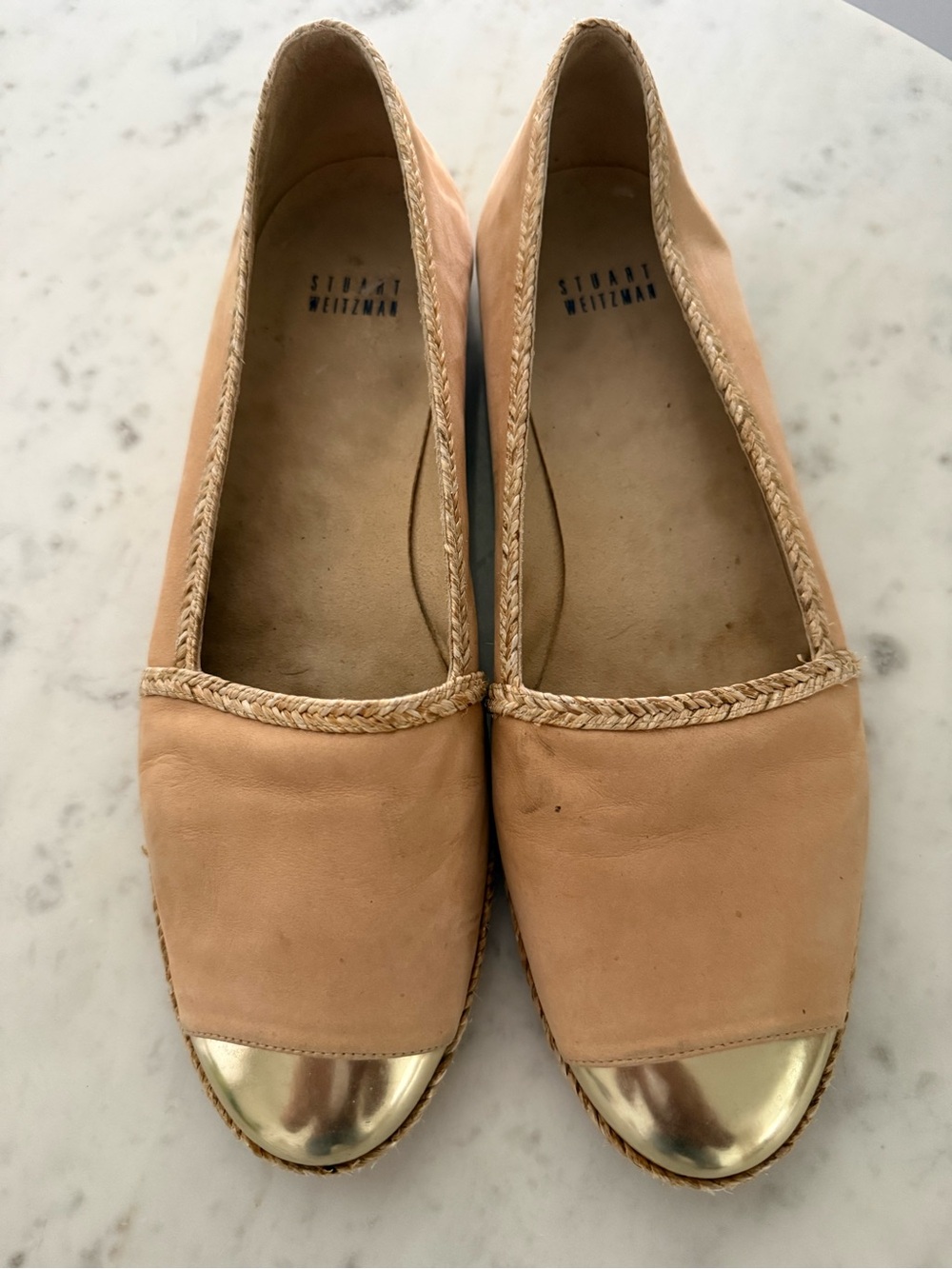Stuart Weitzman Tan Leather Espadrilles with Gold Cap Toe
